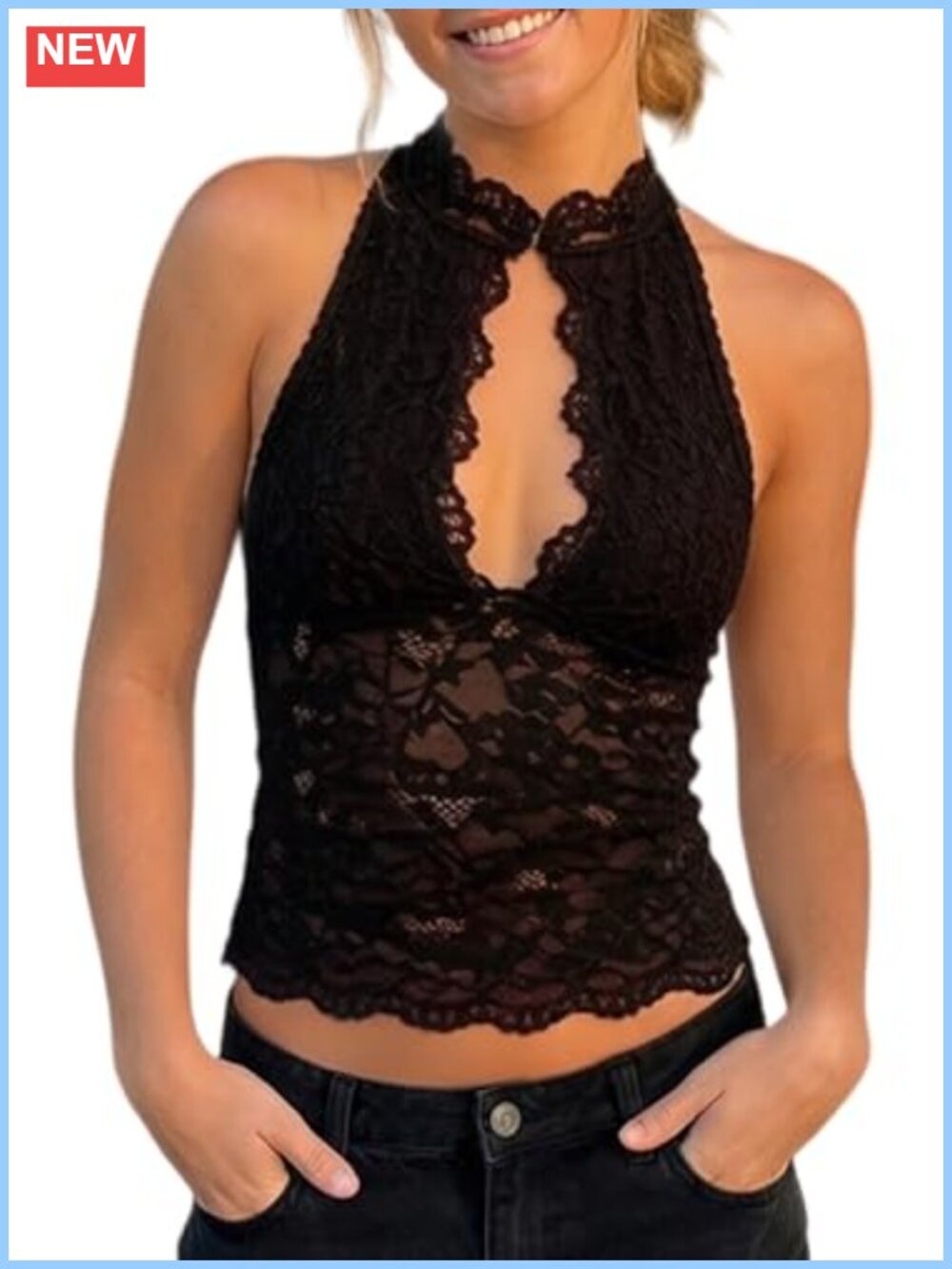 Women's Lace Cutout Tank Top Mock Neck Sleeveless Crop Top Sheer Going Out